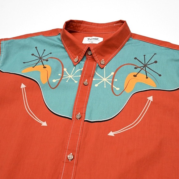 Boozelele Western Shirt Mens 2XL Button Up Short Sleeve Retro Space Orange Blue - Picture 1 of 8